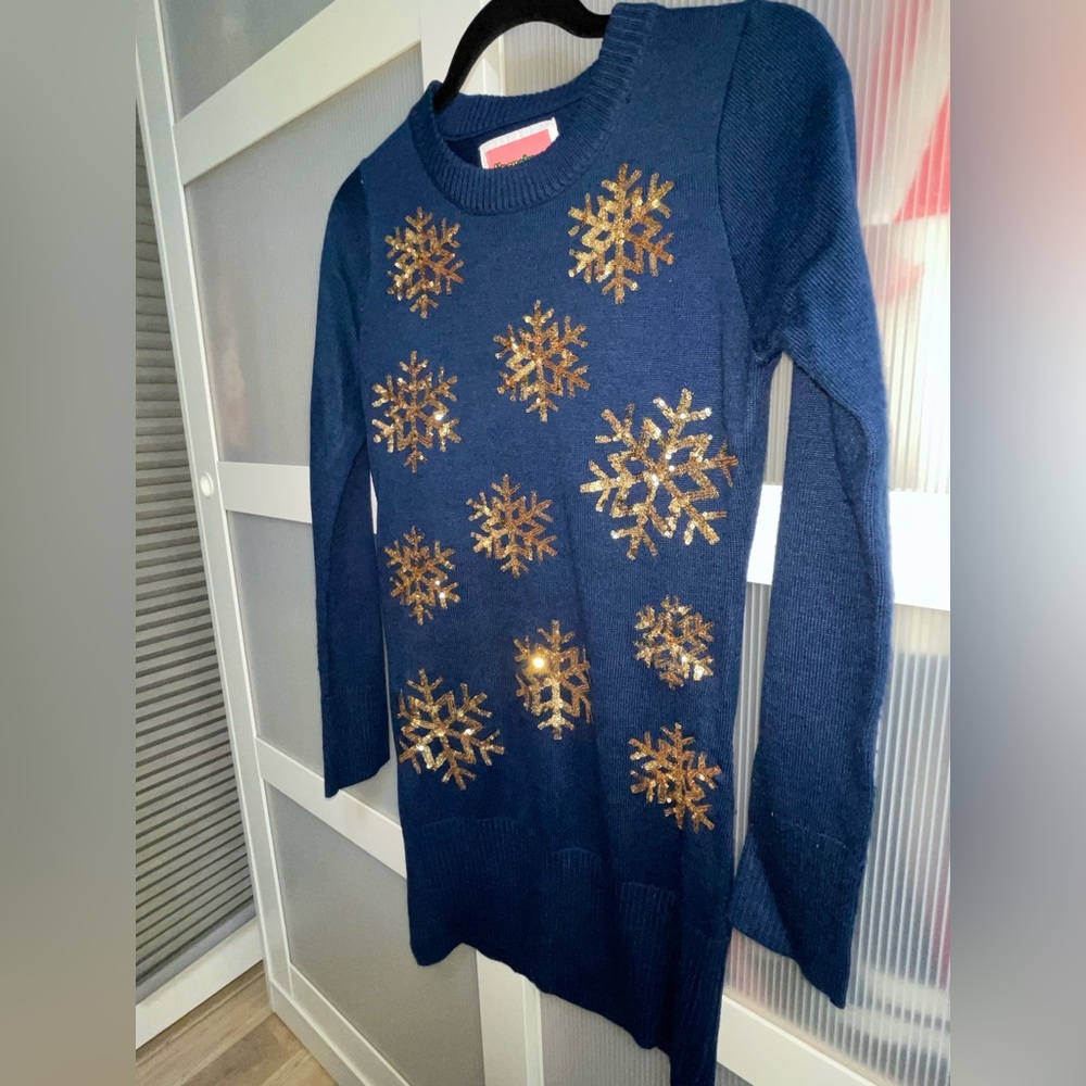 Women’s XS Tipsy Elves Navy Blue Gaudy Garland Christmas Sweater Dress - Picture 3 of 6
